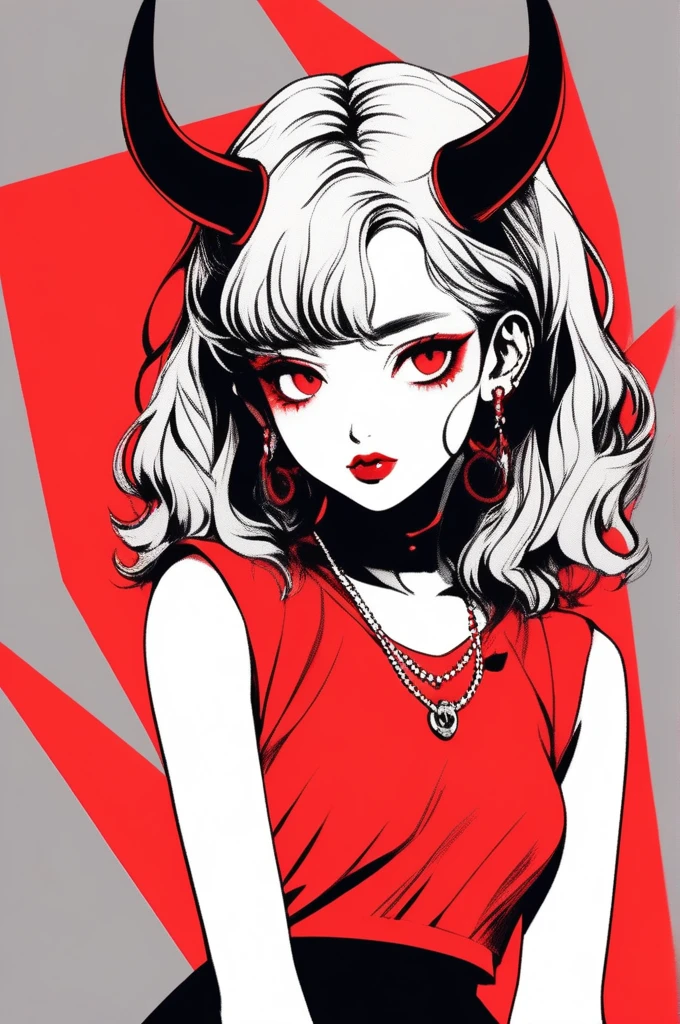 (best quality, sketch:1.2),realistic,illustrator,anime,1 girl with horns, detailed lips,custom, short skirt, black and red gradient background,neon hair,textured cropping, masterpiece, style retro classic, noir style , Japanese style, full body ((monochrome))