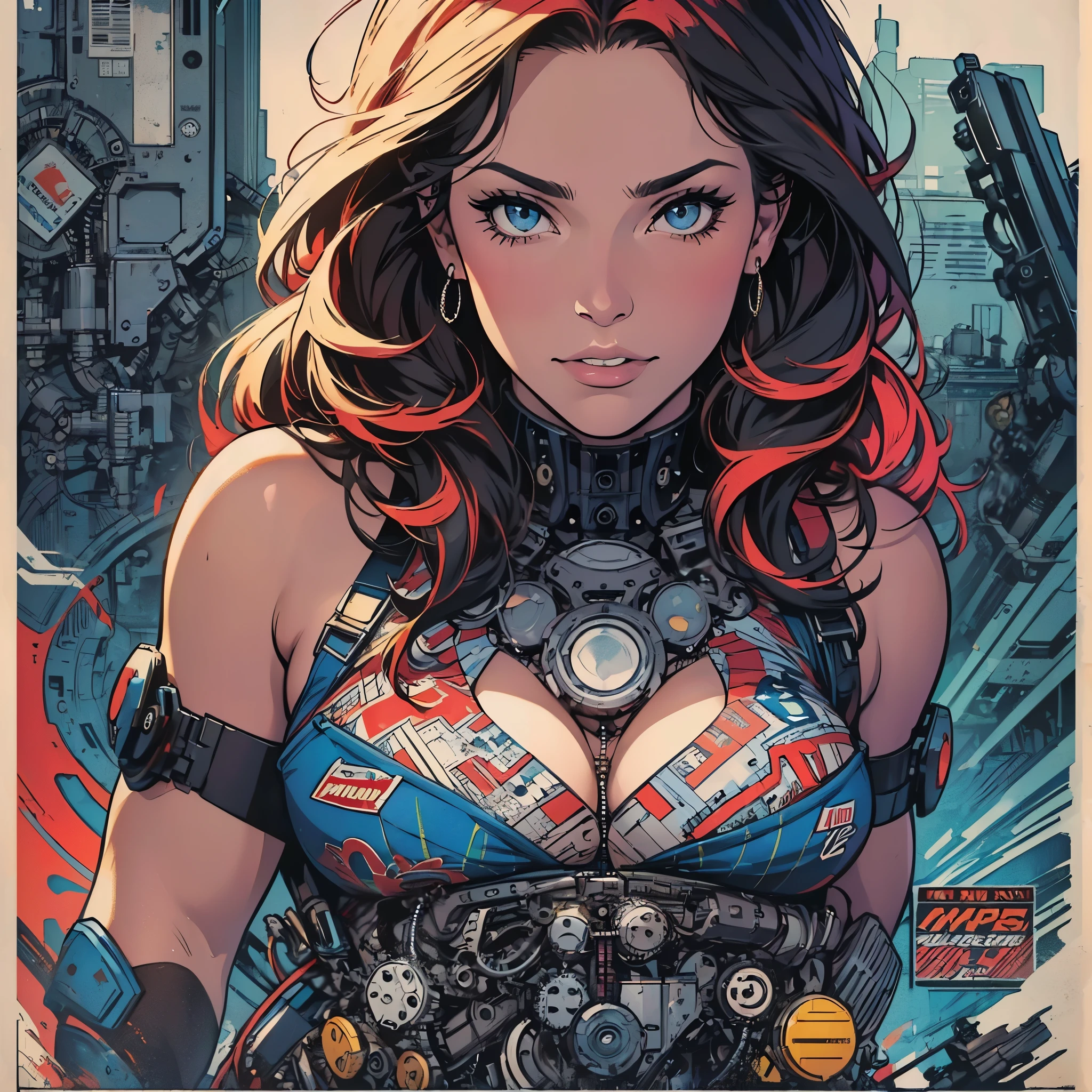 (((ultimate best quality))),(((solo:1.2))),(((1girl:1.2))),((((beautiful perfect woman)))),(((detailed perfect body, detailed perfect finger))),((((((ultimate movie poster)))))),(((bust up, close up))),((((detailed complicated machine)))),(((((genius mechanical))))),(((American comics))),(((extreme highlights))),(((Extremely colorful, primary colors))),cleavage, super beautiful lady,(((typography))),text