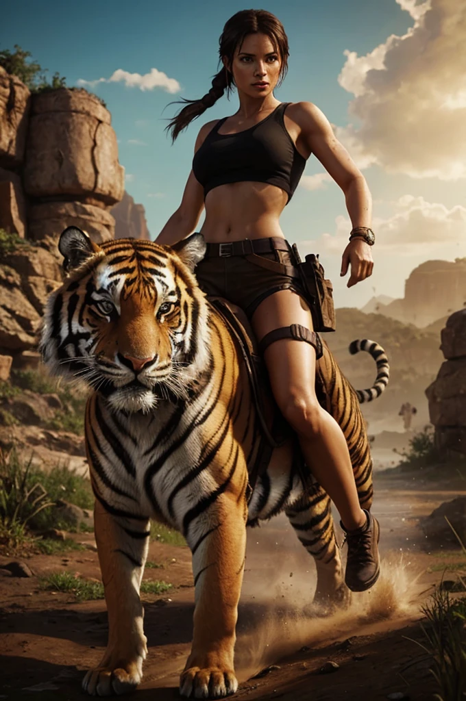 Lara Croft riding a tigerLara Croft riding a tiger. woman riding a tiger in a jungle with a mountain in the background, hyperrealistic adventure rendering, magnificent jungle ranger, tomb raider beautiful, Lara Croft, hunting a tiger, Lara Croft relaxing, Wojtek FUS, muscular sweat Lara Croft, portrait of Lara Croft, tomb raider setting, tomb raider, cgsociety uhd 4k very detailed, clear skin, Light skin, white skin, tez blanca