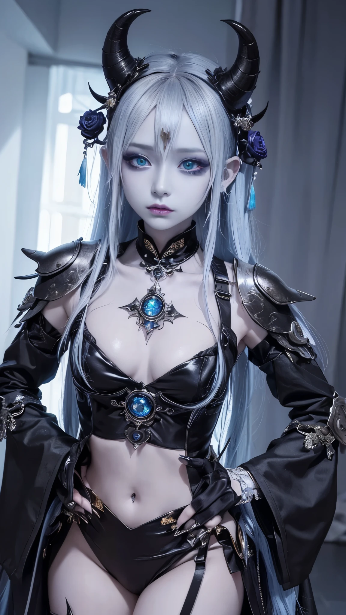 1woman, blue skin, colored skin,lumpy spiked skin,demon girl, black horns,long hair, silver hair, golden eyes,black jewel on center of chest, armor with protrusions, (jirai kei makeup:1.5)