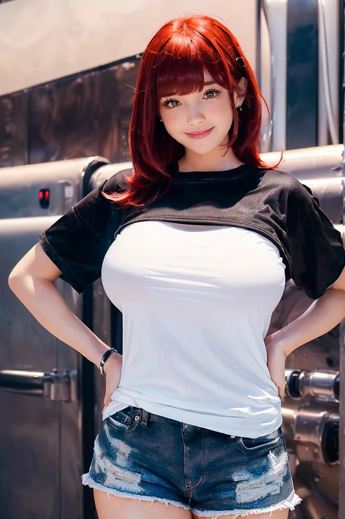 (cute white girl:1.5),(Fictional future high technology civilization:1.4),(big beautiful boobs:1.4) ,(shiny skin:1.4),(messy short glossy red hair:1.3),(bangs:1.1)
(smile :1.2),(beautiful body:1.5),(black velvet shorts :1.3),(plain big white cotton T-shirt:1.5),