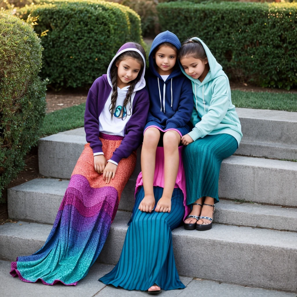 American girls sitting on top of one another while wearing long striped mermaid maxi skirt covering legs and hoodie