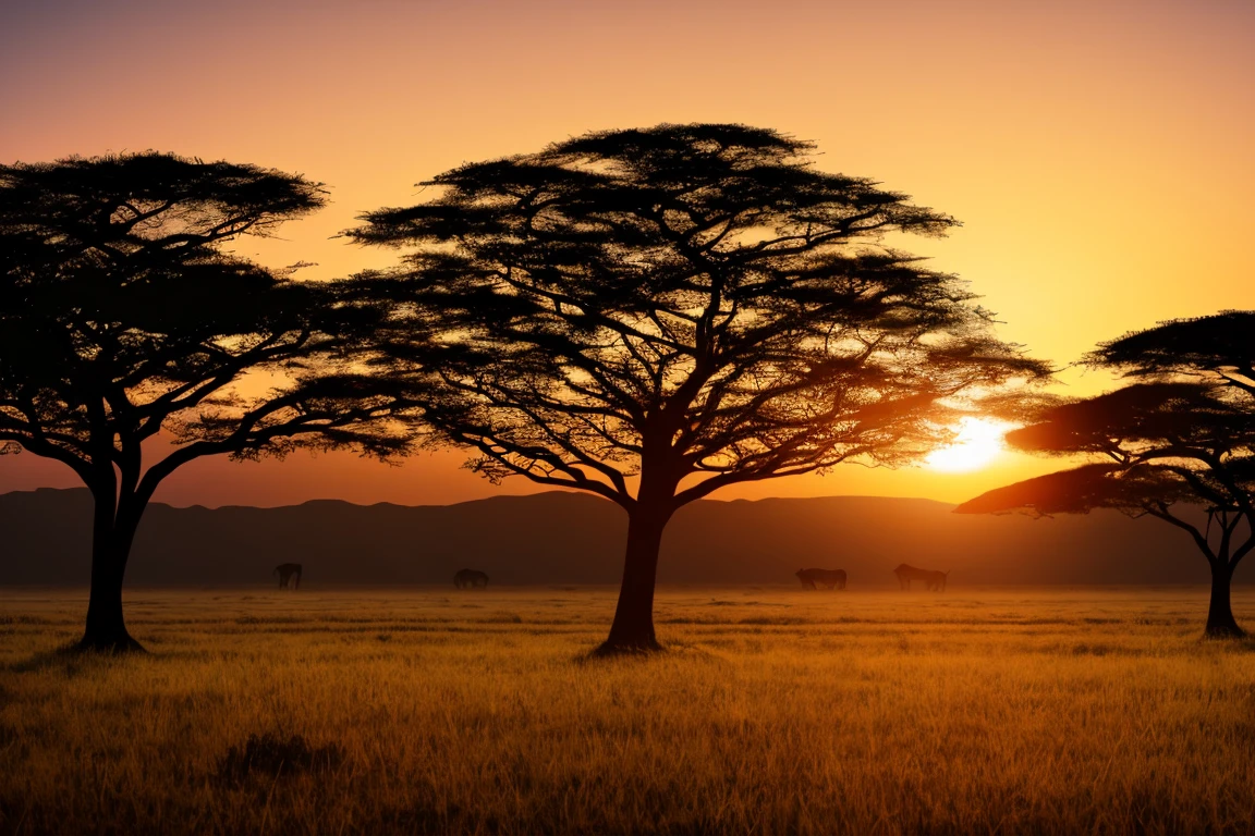 silhouette double exposure , Africa over African trees and sunset, safari, 16k , hd , 3d, octane render