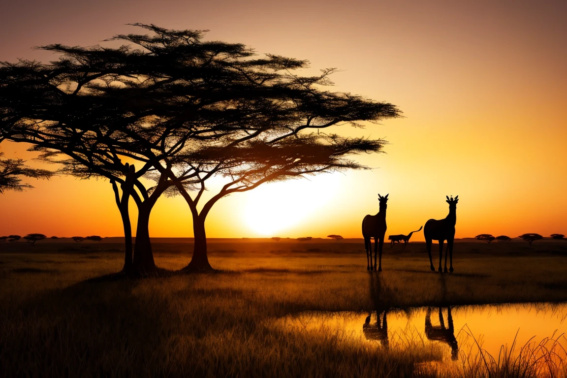 silhouette double exposure , Africa over African trees and sunset, safari, 16k , hd , 3d, octane render