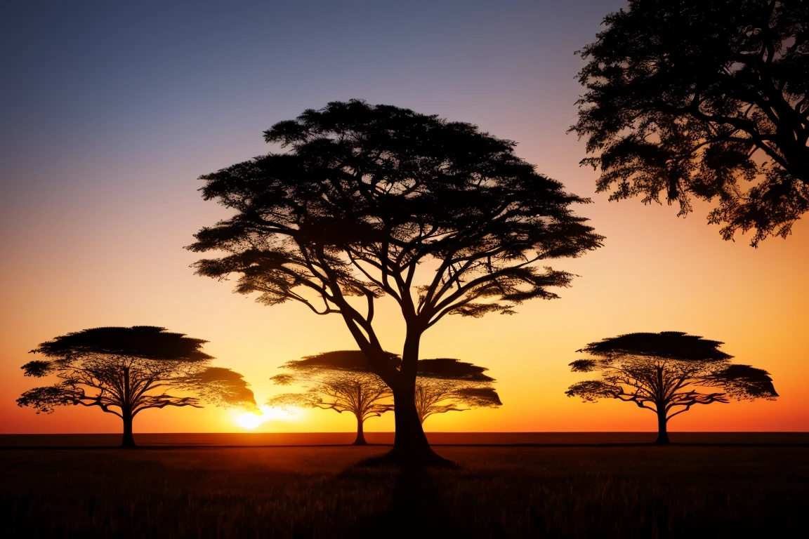 silhouette double exposure , Africa over African trees and sunset, safari, 16k , hd , 3d, octane render