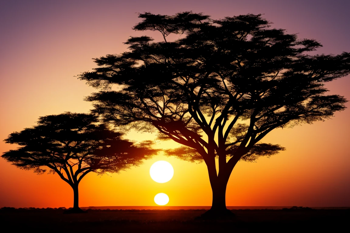 silhouette double exposure , Africa over African trees and sunset, safari, 16k , hd , 3d, octane render