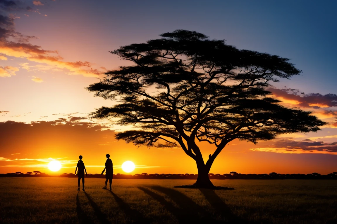 silhouette double exposure , Africa over African trees and sunset, safari, 16k , hd , 3d, octane render