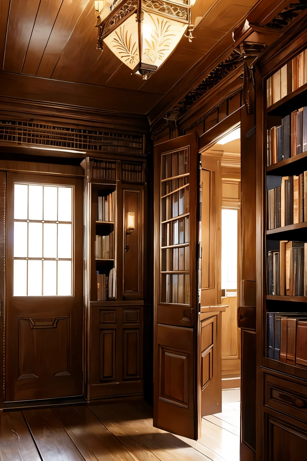 Masterpiece, top quality, 16K UHD,
dimly lit, mysteriously hidden, centuries old library, Ella, 1 persons,
pushing, aside, large, old encyclopedias, revealing, concealed, wooden door,
antique, books, lining the shelves, dusty, worn-out spines,
creaky wooden door, swings open, revealing hidden treasure,
detailed, wood grain texture on door, intricate carvings, Ella's curious eyes,
lluminating the dimly lit room, candlelight spilling out, hinting at secrets within,
Ella steps forward, hesitant, her heart pounding,
