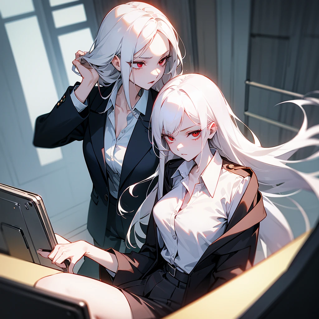 Black blazer, white buttoned blouse, black pants. A dimly lit office. Serious expression sitting in an office chair. White hair, red eyes, slim and pale skin. Red eyes and pale skin. Beautiful illustration, anime style. 