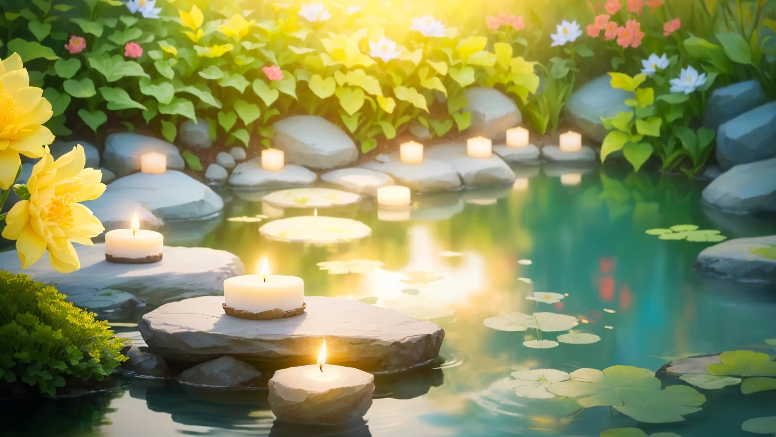 Candles are lit on a rock in a pond surrounded by flowers, floating Candles, Peaceful atmosphere, Calm evening atmosphere, Gentle lighting, Beautifully illuminated, Peaceful atmosphere, Softly lit, 自然なCandles照明, Relaxed atmosphere, Peaceful environment, Candles, Water reflecting the sunlight, Serene landscape, glowing Candles, Candles in foreground, lit Candles, Floating light, Soft glow, Peaceful landscape