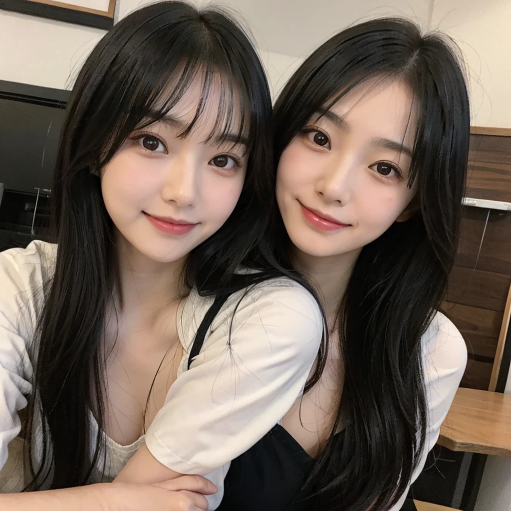 solo, Japanese woman, H cup, cute, erotic, model's expression, cafe clerk, black straight hair, straight bangs, oval face, large round dark eyes, small well-shaped nose, small full lips, warm smile, thin neat eyebrows, clean and approachable aura, like a hashimoto kanna