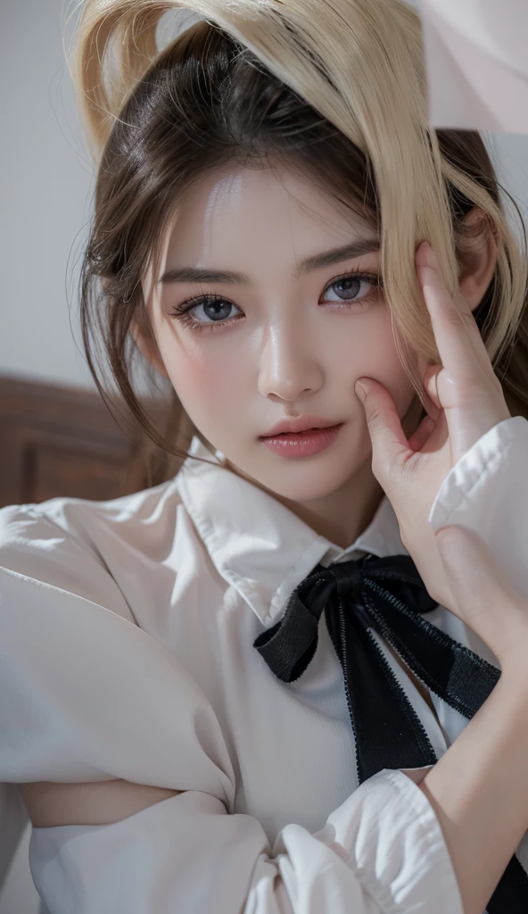 ((best quality, 8K, masterpiece :1.3)), Clear focus :1.2, 24 years old beautiful girl,Perfect body :1.4, Slim abdominal muscles :1.3, Original Photography、Ultra-high resolution, whole body, White skin、Fair and shiny skin、(Wavy Blonde)、Dark brown hair、Super narrow eyes, Ultra-fine hands, Ultra-thin fingers、beautiful eyes of random colors、Thin lips, Fine details、Lengthen the eyes、Light pink blush、Long eyelashes、漂亮的Double eyelids、Lighting that highlights beautiful skin、Glowing Skin 2, ((#11: Long Layered Hair, Large Breasts :1.2)), Exposing breasts , (Detailed pantyhose ), (White tight shirt with details), (detail sheath skirt, ((transparent)), ((Detailed breasts)), ((Detailed simple shirt )), ((Delicate face)), Central City Office, Highly Delicate face and skin texture, Delicate eyes, Double eyelids, make whole body, Long legs,