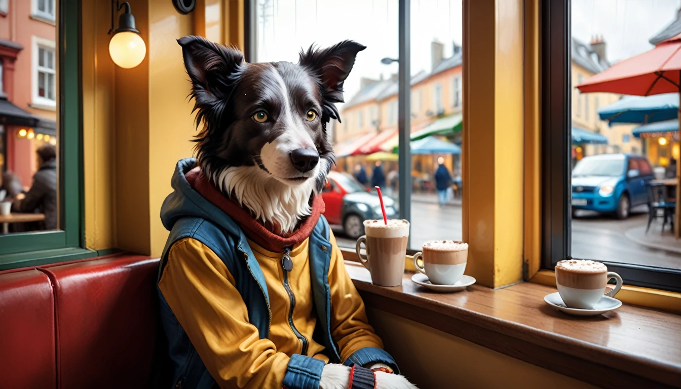 (photography film style), (((raining))), anthropomorphic, cute young border collie, casually dressed, sitting by a window in a cafe, drinking hot chocolate, listening to music on headphones, (reading a book), 2D, colorful, warm atmosphere, shiny, Jean-Baptiste Monge style, Alan Lee style