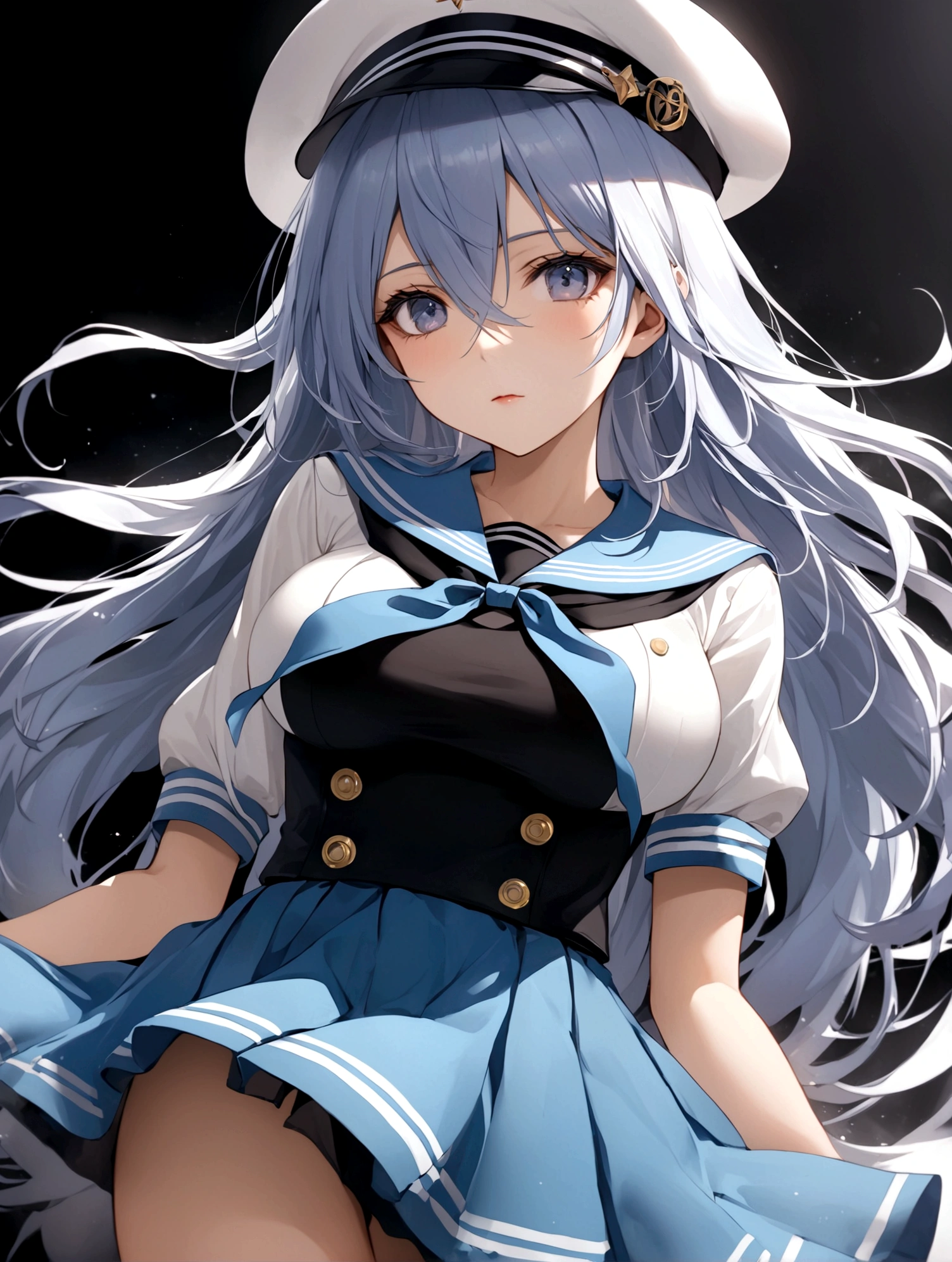 A woman in a sailor costume，手里拿着hat，1 girl，breast，Hair between the eyes，hat，Long hair，Looking at the audience，mole，solo