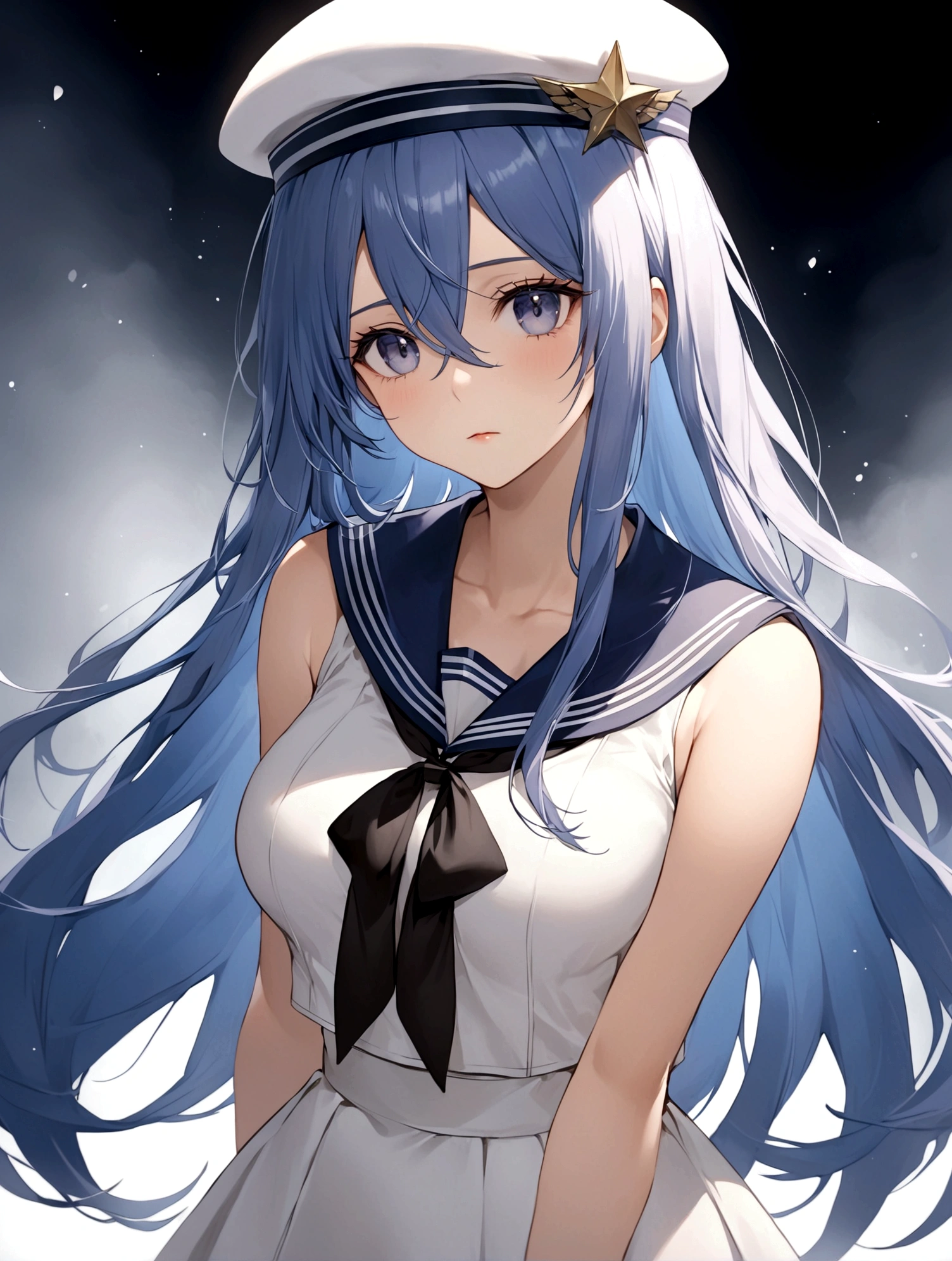 A woman in a sailor costume,手里拿着hat,1 girl,breast,Hair between the eyes,hat,Long hair,Looking at the audience,mole,solo