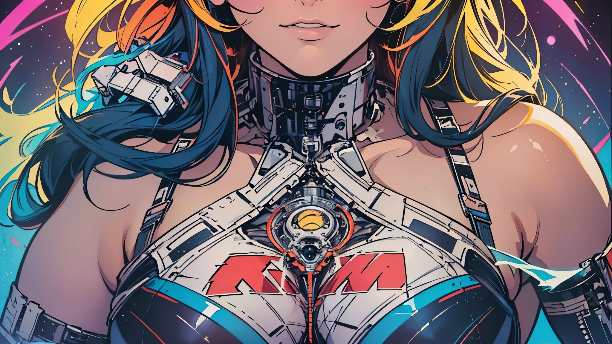 (((ultimate best quality))),((((solo:1.2)))),((((1girl:1.2)))),((((beautiful perfect woman)))),(((detailed perfect body, detailed perfect finger))),((((((ultimate movie poster)))))),(((bust up, close up))),((((detailed complicated machine)))),(((((genius mechanical))))),(((American comics))),(((extreme highlights))),(((Extremely colorful, primary colors))),cleavage, super beautiful lady,(((typography))),text