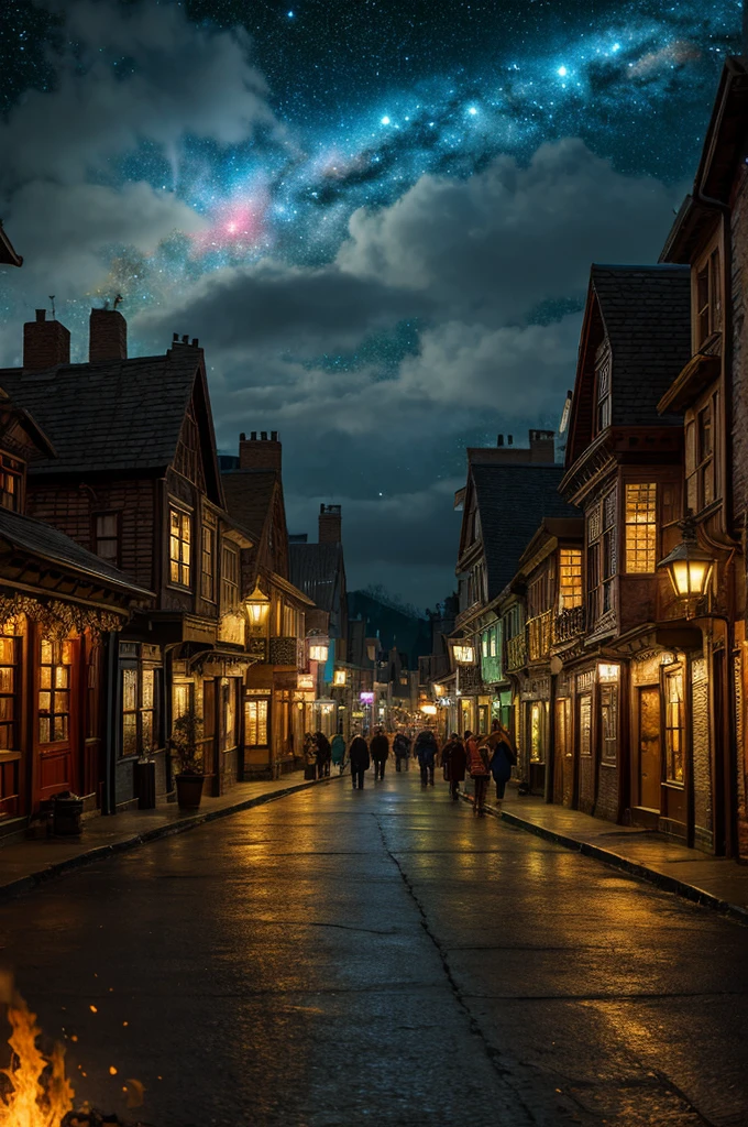 Town street scene , ultra detailed fantasy, magical world,galaxy design sky, old medical houses in the street,wizards roaming on the street, wizards using magics like controling fire in their hands and warter  ,  realistic, behance hd, light spread from the house, night time , master piece 
