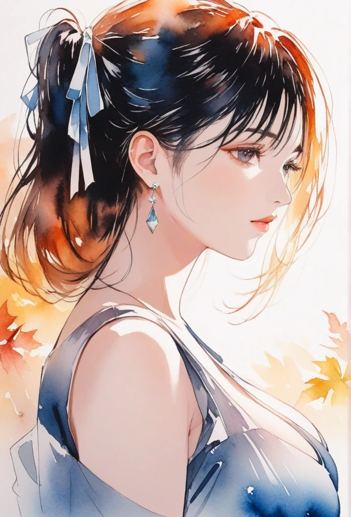 (8k, best quality, masterpiece:1.2),(best quality:1.0), (ultra highres:1.0), watercolor, a beautiful woman, shoulder, hair ribbons, by agnes cecile, half body portrait, extremely luminous bright design, pastel colors, (ink:1.3), autumn lights,big breasts, earrings