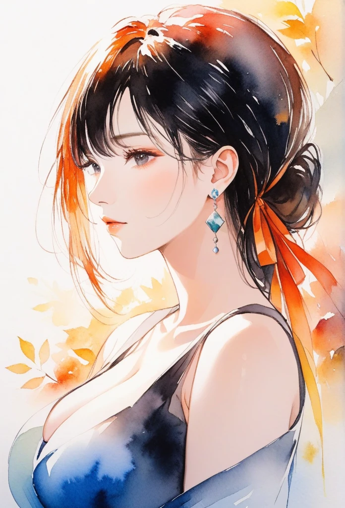 (8k, best quality, masterpiece:1.2),(best quality:1.0), (ultra highres:1.0), watercolor, a beautiful woman, shoulder, hair ribbons, by agnes cecile, half body portrait, extremely luminous bright design, pastel colors, (ink:1.3), autumn lights,big breasts, earrings