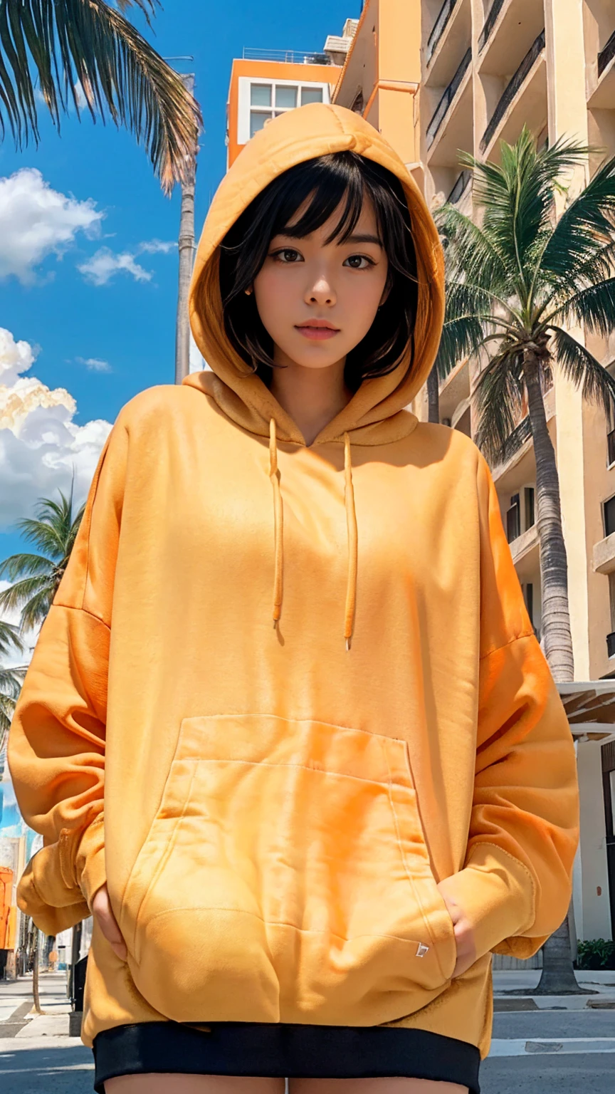 ((long shot photography)) ((best quality)), ((masterpiece)), (detailed),upper body,close-up, 8k, RAW photo,1 girl,real polaroid photo, beautiful, ultra-realistic,detail face ,light leak,dark intens shadow ,(black pixie hair, almond eye, no makeup, (((blank oversized orange hoodie))), yellow color skirt,the scene takes in front Hotel Victor Miami (very detailed:1.1), ((masterpiece)),summer, blue sky, palm trees,sunny,