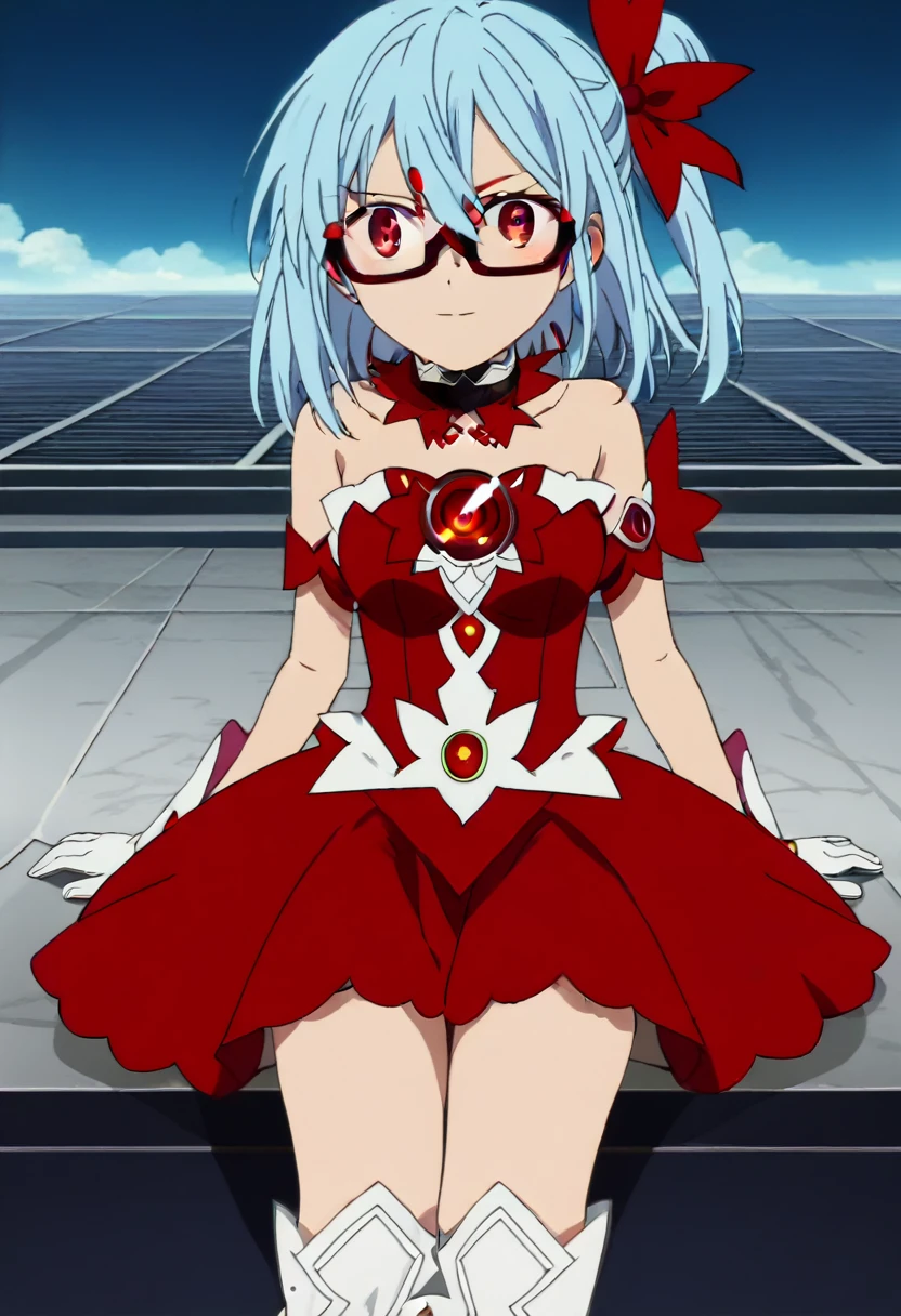 score_9, score_8_up, score_7_up, score_6_up, source anime BREAK, anime screencap, dynamic shadows, atmosferic, 1girl, solo, (red eyes:1.5), detailed eyes, light blue hair, medium hair, one side up , bangs, hair between eyes, hair ribbons, red dress, magical girl dress, short sleeves, bare shoulders, strapless, choker, white gloves, glasses, white boots, thighs, medium breasts, blush, smile, sexy, collarbone, cleavage, ((cowboy shot)), ((from front)), window, city, sky, clouds, night, (girl sitting) (looking at viewer:1.0)