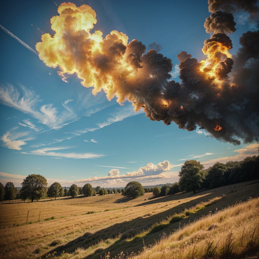 high grass, the grass is burning, field, blue sky, Sun, fire consuming everything in its path, Realism