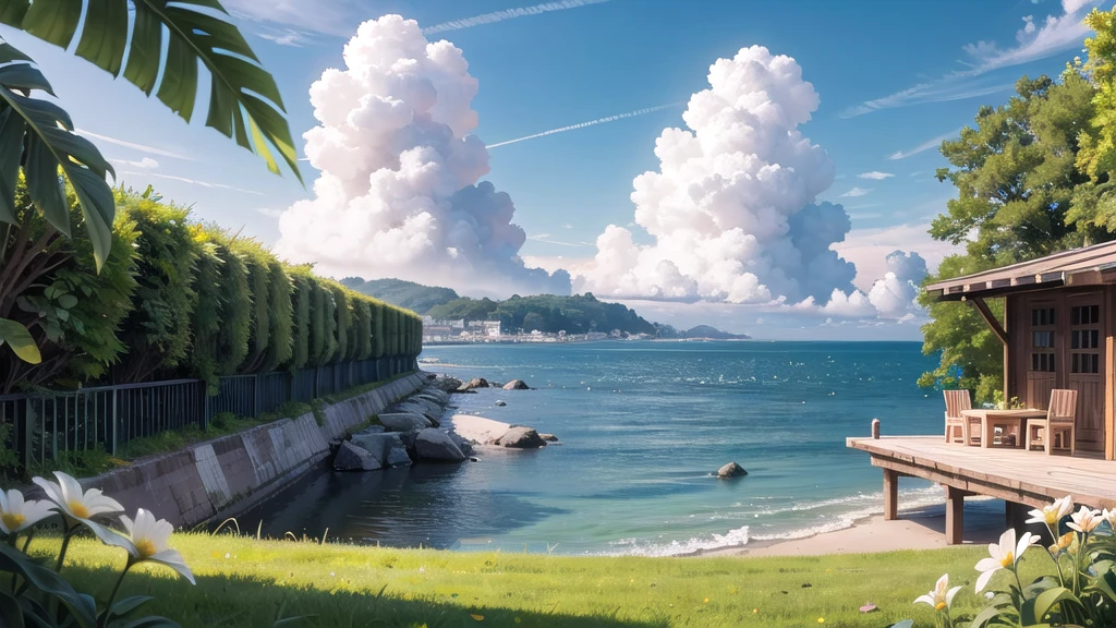 (masterpiece), town, blue sky, Cumulonimbus, One Girl, smile, alone, Sailor suit、Long skirt, Overgrown, petal, plant、Skirt lining、Translucent slip、nostalgic、Black Pantyhose、Especially the sea view