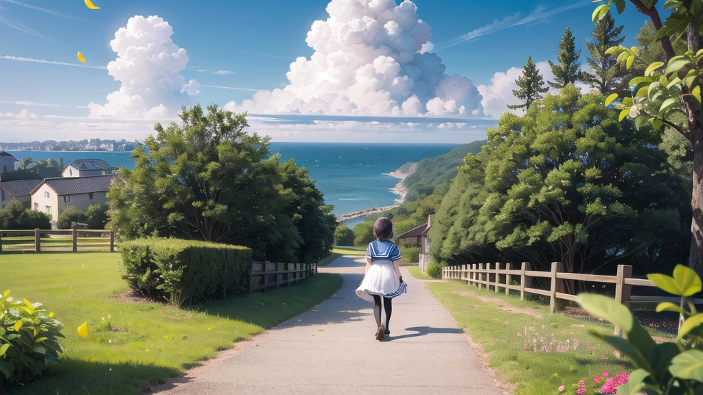 (masterpiece),  town,  blue sky,  Cumulonimbus, One Girl,  smile,  alone,  Sailor suit、Long skirt,  Overgrown,  petal,  plant、Skirt lining、Translucent slip、nostalgic、Black Pantyhose、Especially the sea view