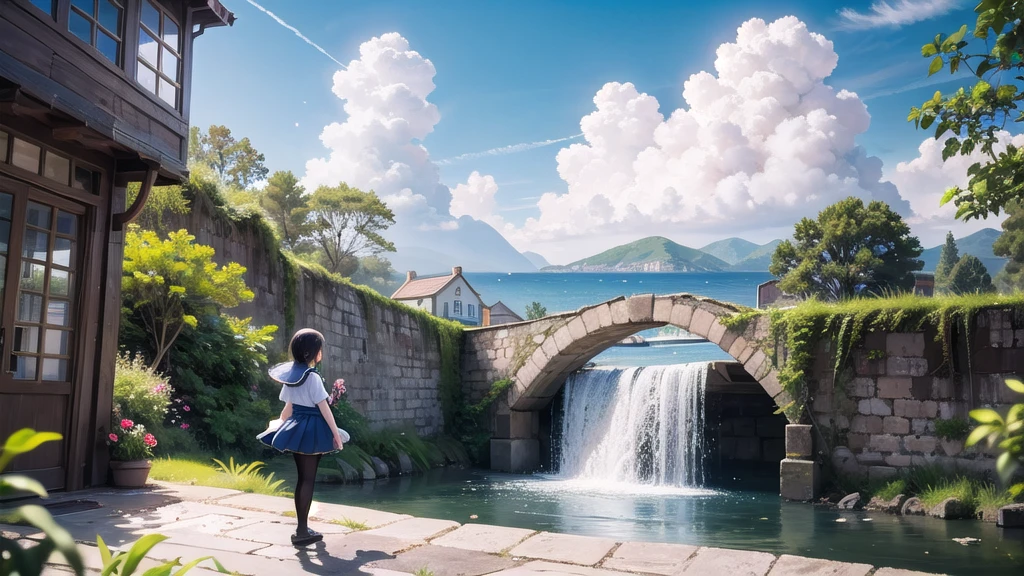 (masterpiece), town, blue sky, Cumulonimbus, One Girl, smile, alone, Sailor suit、Long skirt, Overgrown, petal, plant、Skirt lining、Translucent slip、nostalgic、Black Pantyhose、Especially the sea view