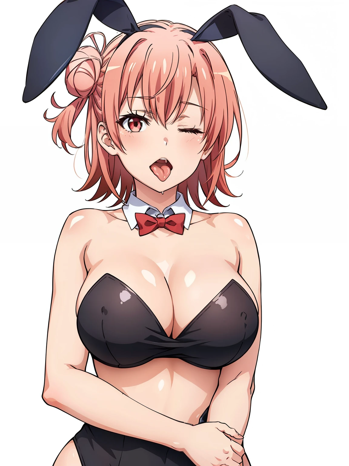 ((masutepiece, Best Quality, hight resolution, nffsw, Perfect Pixel, depth of fields, 4K, )), 1girl in, Solo, , Beautiful anime girl, Beautiful Art Style, close up, Looking at Viewer, Perfect body, Yuigahama Yui, Short hair, pink hair, hairbun, (large boob), cleavage, black playboy bunny, red bowtie, tongue, sticking tongue out, nipples, topless, winking, wink, one eye closed, hugging, blank white background, cowboy shot, drool, saliva, spit