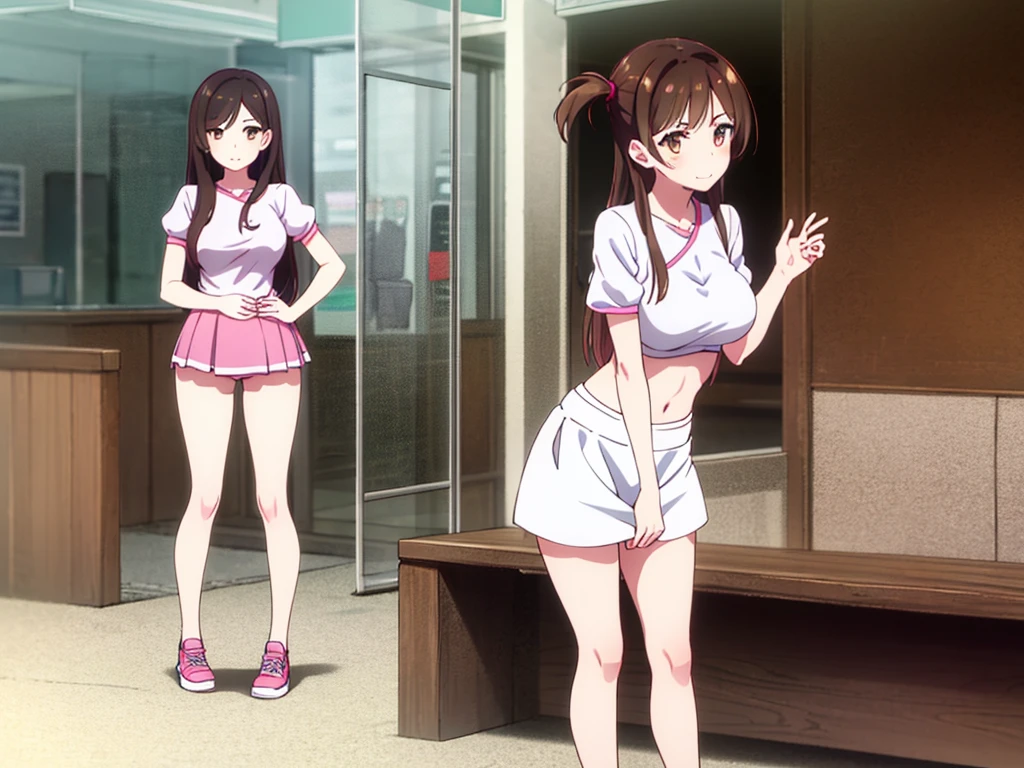 mizuharachizuru, chizuru ichinose, ((long hair)), bangs, brown hair, (brown eyes:1.5), one side up, smile, (clonealike:2), 5+girls, multiple identical girls, large breasts, thighs, shiny legs, 
BREAK skirt, shirt, short sleeves, puffy sleeves, puffy short sleeves, white skirt, white short, pink shirt, white low socks, brown shorts shoes, 
BREAK indoors, boutique outlet shop, crowd, girls,
BREAK reviewing bikini swimsuit clothes sales at the rack, (cowboy shot:1.5),
BREAK (masterpiece:1.2), best quality, high resolution, unity 8k wallpaper, (illustration:0.8), (beautiful detailed eyes:1.6), extremely detailed face, perfect lighting, extremely detailed CG, (perfect hands, perfect anatomy), seductive appearance and posture, ((full body)), ((standing)), ((lean forward)), harem of 5+girls, 