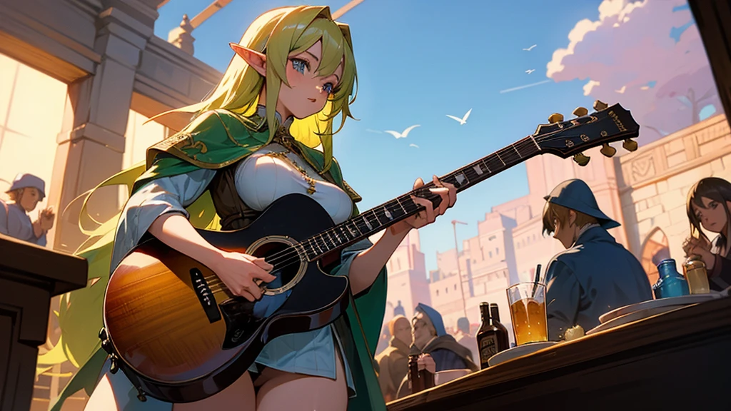 Anime Style,Nostalgic,Detailed background,The medieval world,A lively bar with lots of people,Beautiful sky,Beautiful Elf Bard,guitar,Large Breasts,Healthy thighs