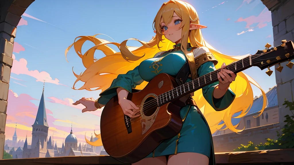 Anime Style,Nostalgic,Detailed background,The medieval world,A lively bar with lots of people,Beautiful sky,Beautiful Elf Bard,guitar,Large Breasts,Healthy thighs