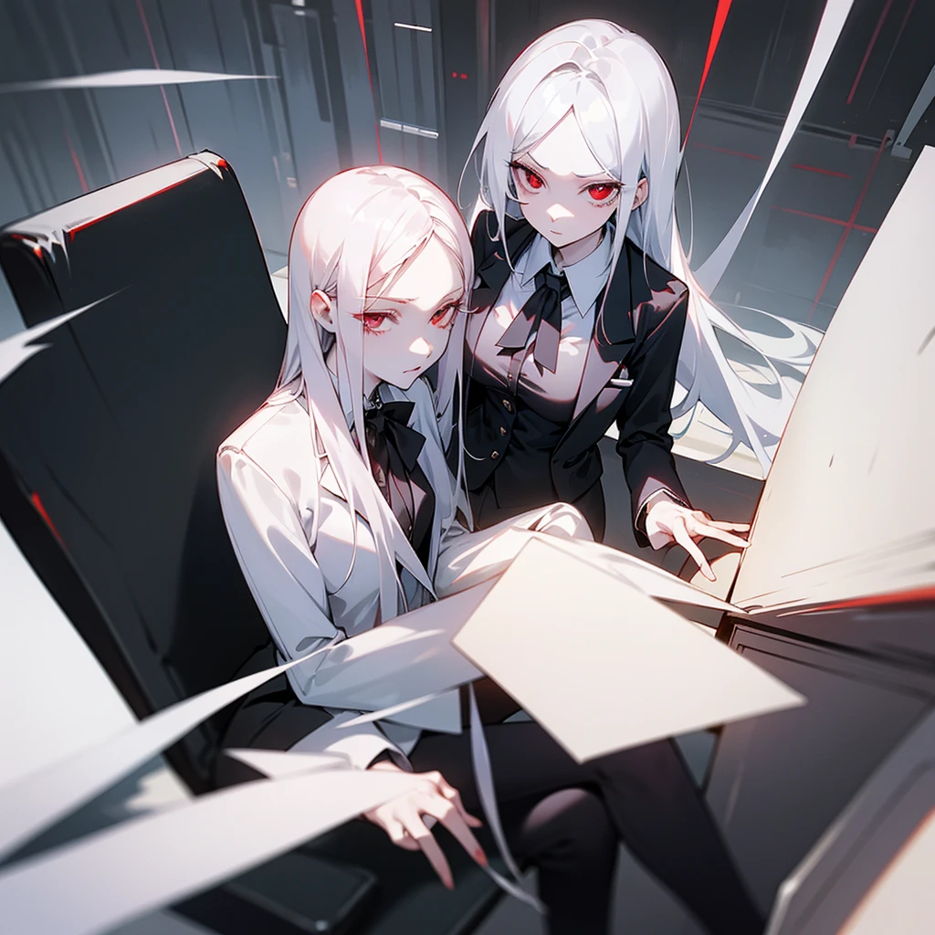 Black blazer, white buttoned blouse, black pants. A dimly lit office. Serious expression sitting in an office chair. White hair, red eyes, slim and pale skin. Red eyes and pale skin. Beautiful illustration, anime style.