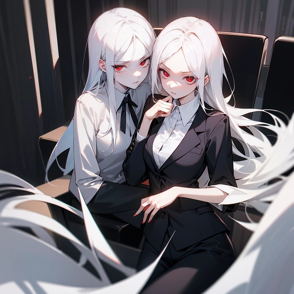 Black blazer, white buttoned blouse, black pants. A dimly lit office. Serious expression sitting in an office chair. White hair, red eyes, slim and pale skin. Red eyes and pale skin. Beautiful illustration, anime style. 