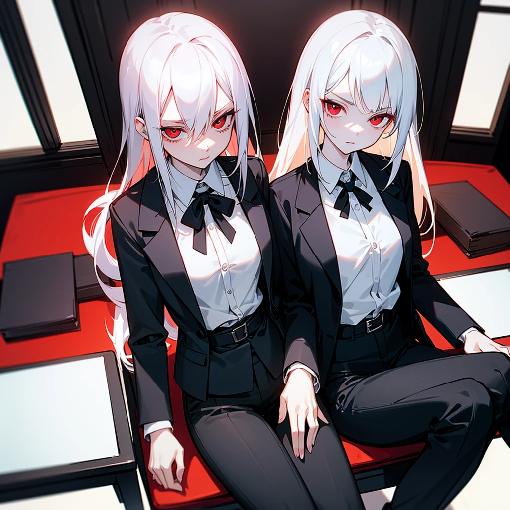 Black blazer, white buttoned blouse, black pants. A dimly lit office. Serious expression sitting in an office chair. White hair, red eyes, slim and pale skin. Red eyes and pale skin. Beautiful illustration, anime style. 