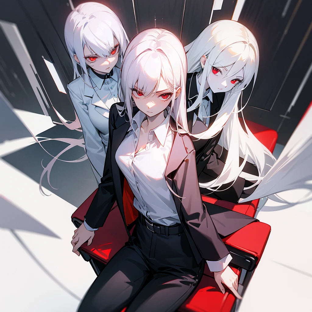 Black blazer, white buttoned blouse, black pants. A dimly lit office. Serious expression sitting in an office chair. White hair, red eyes, slim and pale skin. Red eyes and pale skin. Beautiful illustration, anime style.