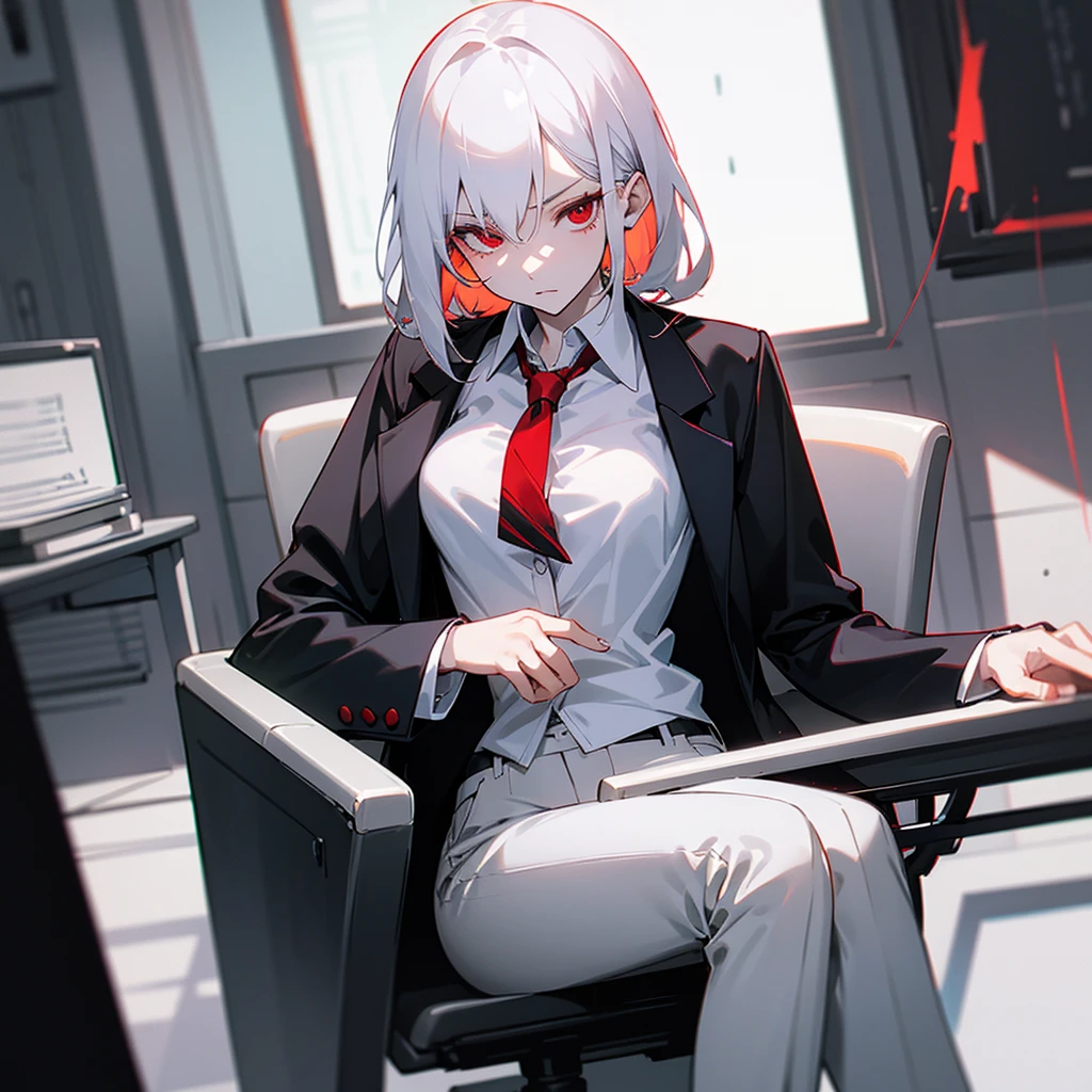 Black blazer, white buttoned blouse, black pants. A dimly lit office. Serious expression sitting in an office chair. White hair, red eyes, slim and pale skin. Red eyes and pale skin. Beautiful illustration, anime style.