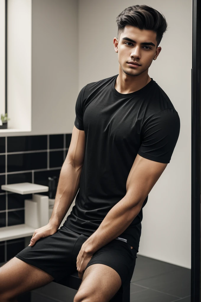 Young man in black t-shirt with cuts on his arms