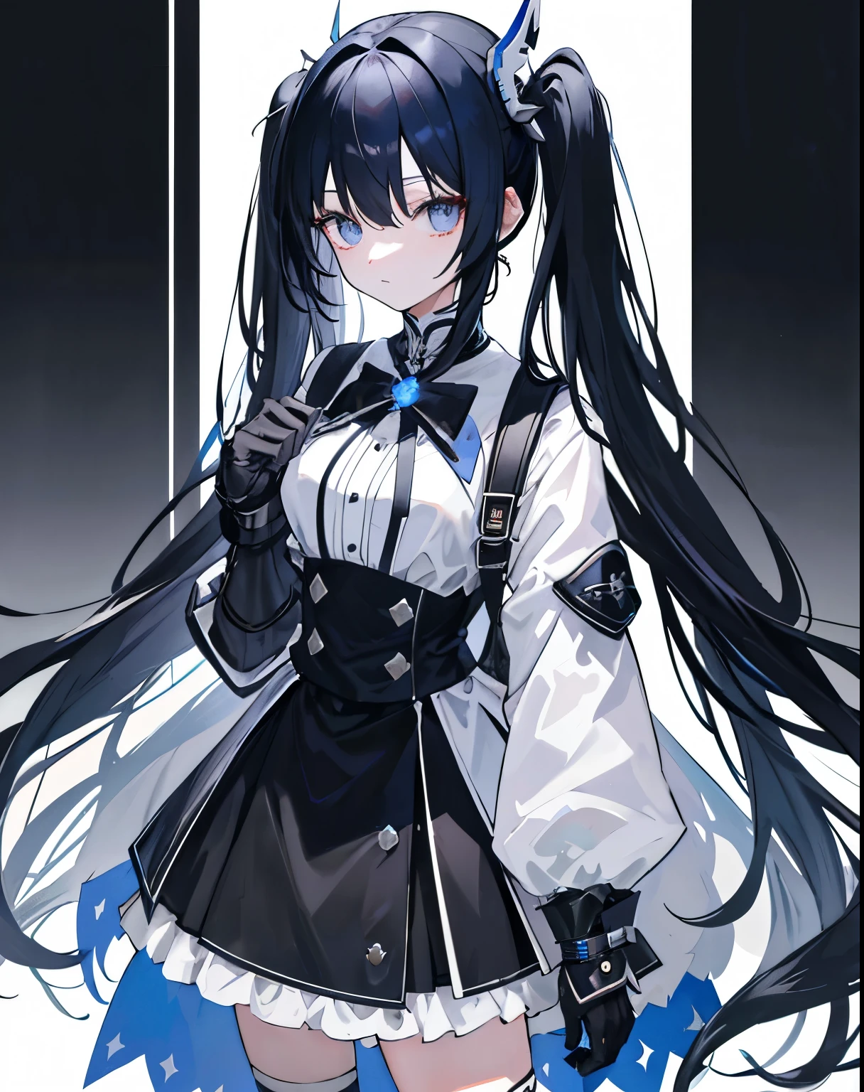 girl,Long Black Hair、Twin tails, The inside of the hair is blue、Iris,White coat,uniform、masterpiece, Highest quality, Super detailed, Downcast eyes,Tabletop, Highest quality), (Perfect athletic body:1.2),8K high resolution, Trend Art Station, White Background, Standing in the Wilderness,whole body、Wearing black gauntlets、Black Gauntlet