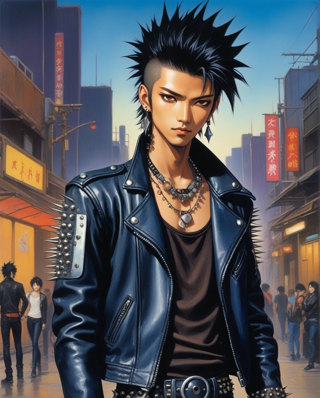 amano yoshitaka, one Male Futuristic punk rocker, co-owner of Stellar Travelers named Max, with a tan skin color,Spiky haircut, Black hair,Brown eyes,with Silver headband in head,wearing Black leather jacket,wearing Dark blue skinny jeans,holding/carrying Metal studs bracelet