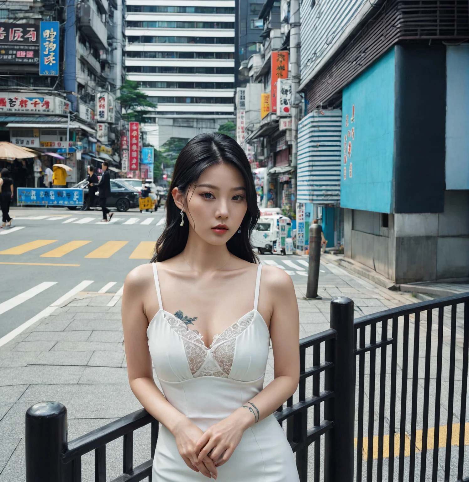 there is a woman standing on the sidewalk in a white dress, of taiwanese girl with tattoos, a young asian woman, chinese girl, in city street, an asian woman, taken in 2 0 2 0, korean girl, at a city street, chinese woman, yakuza slim girl, beautiful south korean woman, forest city streets behind her, young asian girl, asian girl