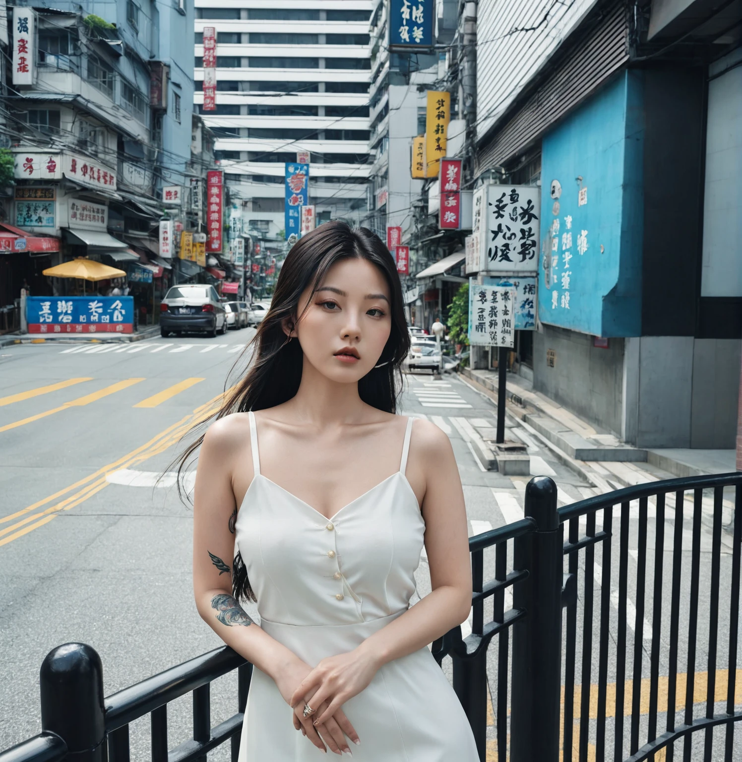 there is a woman standing on the sidewalk in a white dress, of taiwanese girl with tattoos, a young asian woman, chinese girl, in city street, an asian woman, taken in 2 0 2 0, korean girl, at a city street, chinese woman, yakuza slim girl, beautiful south korean woman, forest city streets behind her, young asian girl, asian girl
