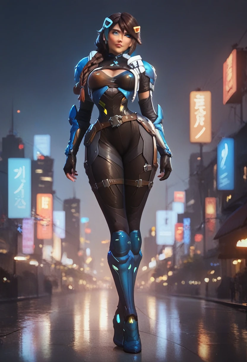 score_9, score_8_up, score_7_up, score_6_up, score_5_up, score_4_up, 1girl, medium breasts, tiny waist, narrow hips, innocent, facing viewer ((heterochromia)), braided long brown hair, detailed eyes , glowing left blue eye, full body, bodysuit, armor, SFW, night, rooftop, posing, city lights,