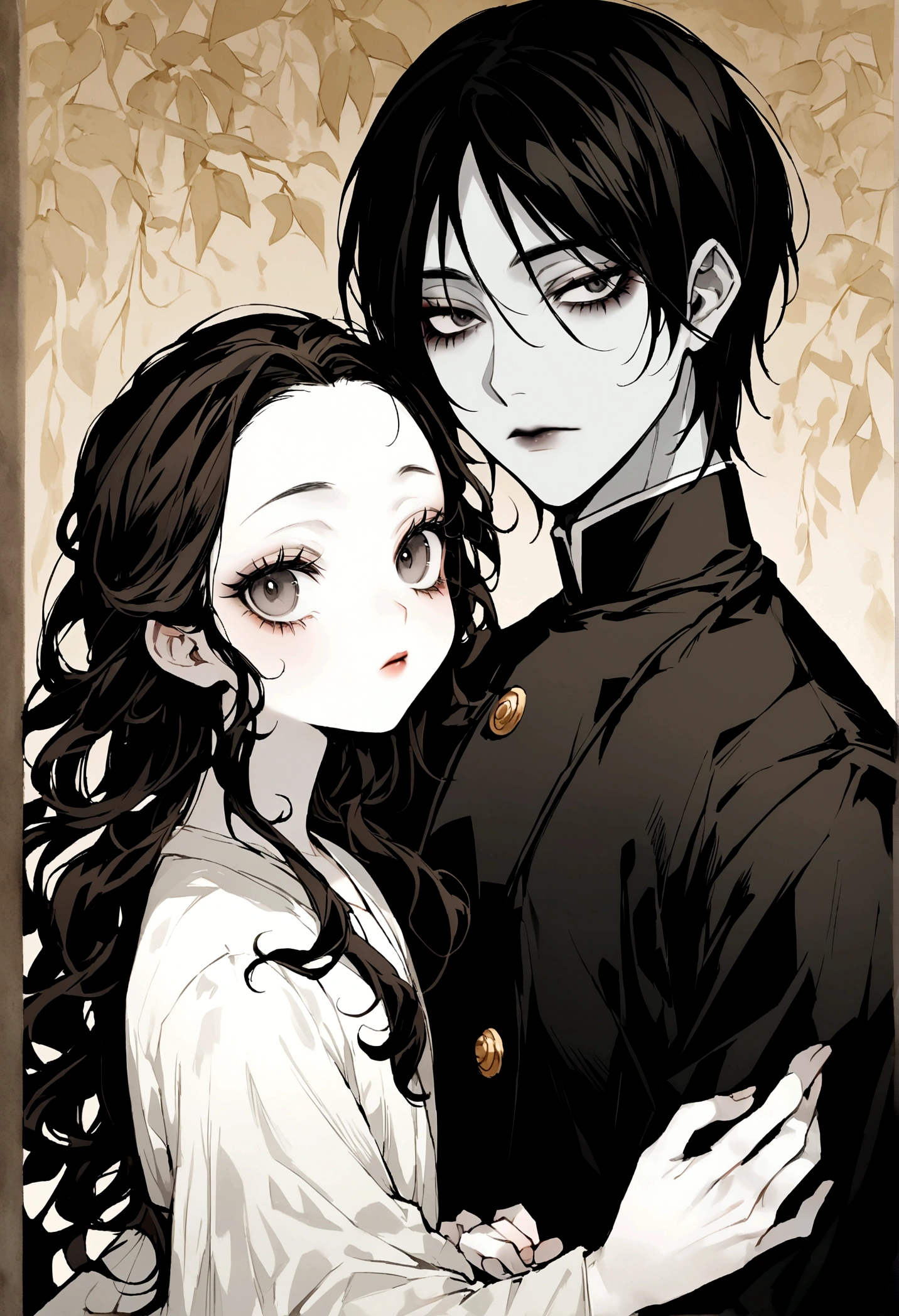 A little bit of jujutsu, with long almond hair, He has pale skin and large dark eyes., is thin, She is very pretty, He has many eyelashes and is always very friendly