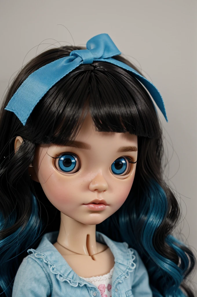 Make a picture of a Blythe doll that has wavy black hair with blue highlights, that has no bangs and has brown eyes