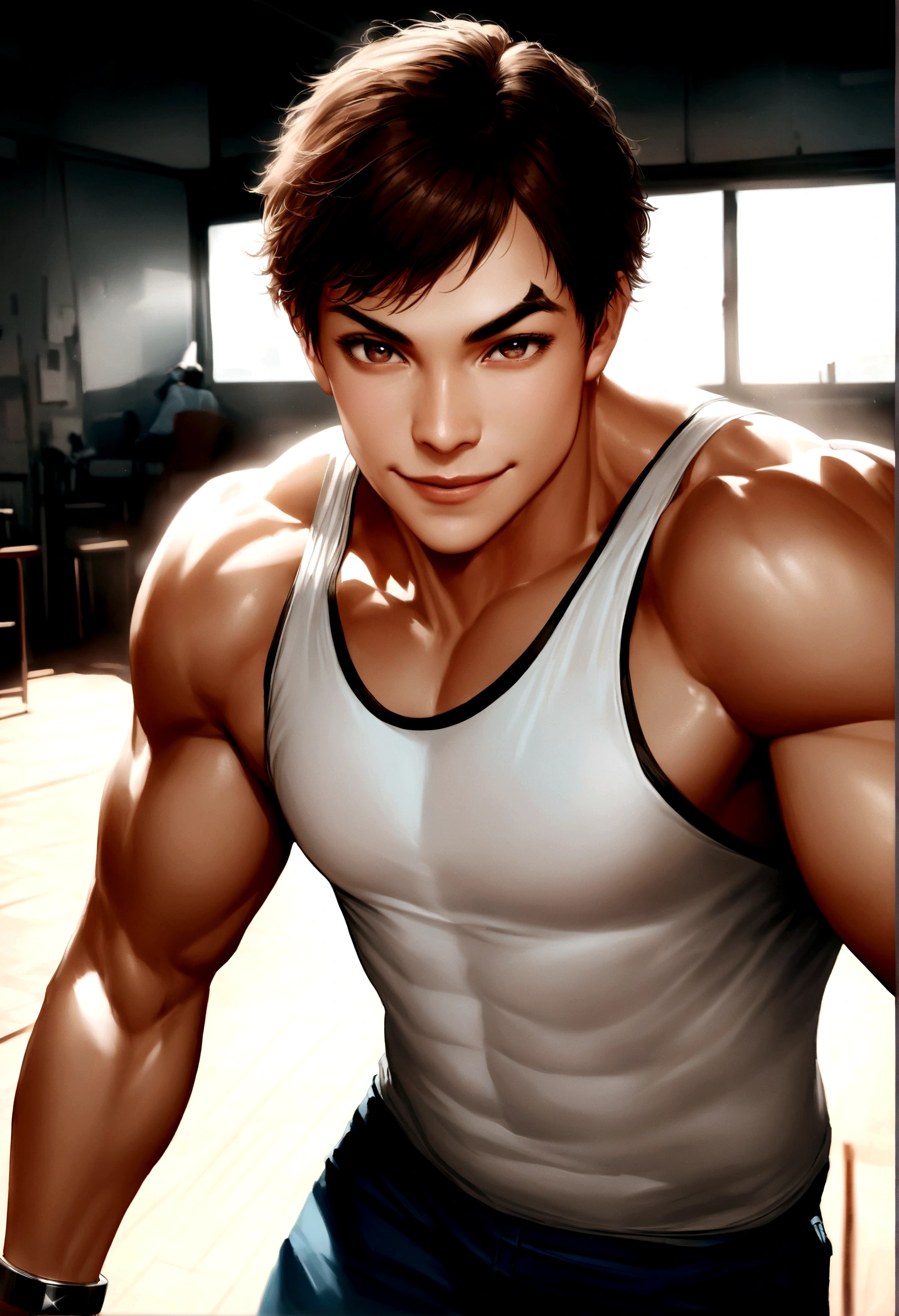 SUPERMAN with spiky BLAK hair, broken right eyebrow, brown eyes, white tank top, blue pants, white sports bracelet, muscular, kind smile Super High ultra resolution, hyper photorealistic, 255K, super hyper, Sony A7S Ill, f/ 9.0, 1/400. sharp-focus, megapixel.