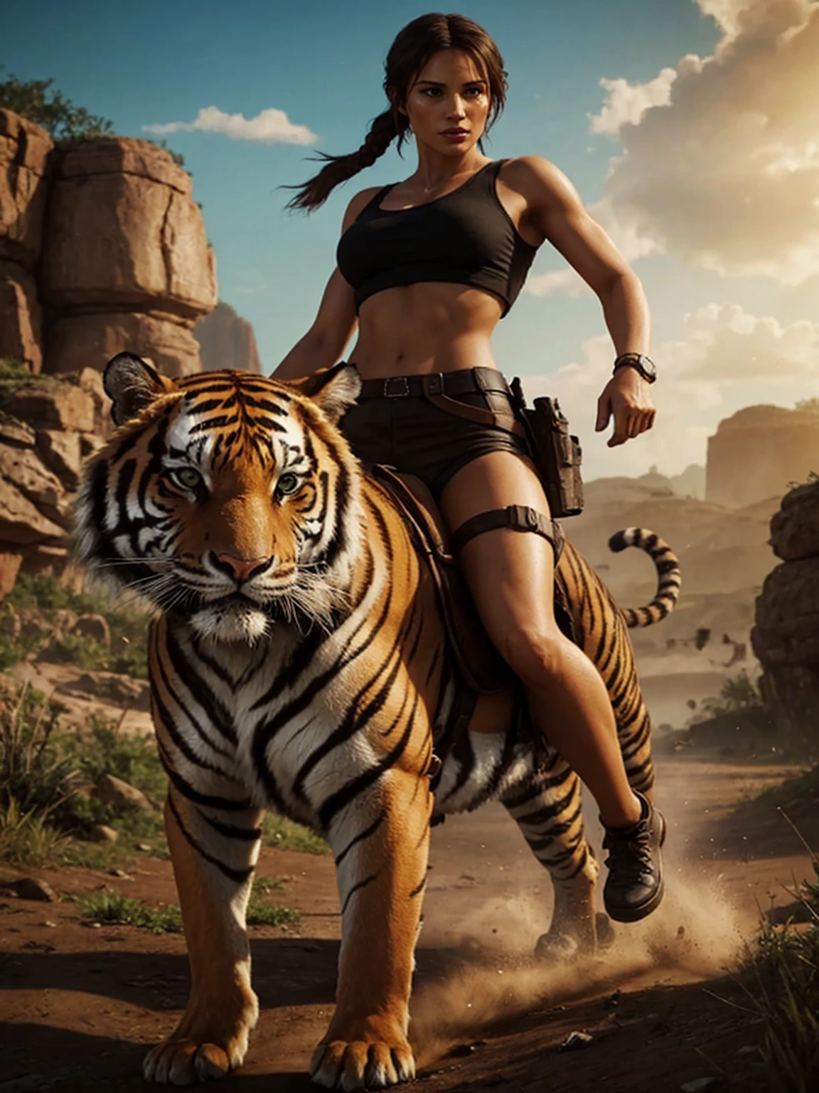 Lara Croft riding a tigerLara Croft riding a tiger. woman riding a tiger in a jungle with a mountain in the background, hyperrealistic adventure rendering, magnificent jungle ranger, tomb raider beautiful, Lara Croft, hunting a tiger, Lara Croft relaxing, Wojtek FUS, muscular sweat Lara Croft, portrait of Lara Croft, tomb raider setting, tomb raider, cgsociety uhd 4k very detailed, clear skin, Light skin, white skin, tez blanca