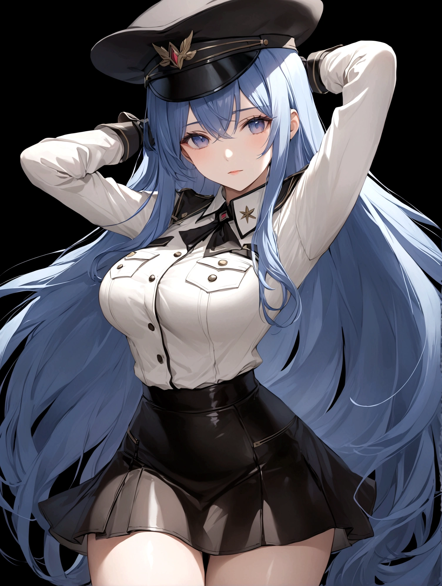 一个穿着水手服和hat的女人，Her hands on her head，Her arms behind her head，1 girl，black background，breast，Gloves，hat，Long hair，skirt，solo，thigh，Very long hair