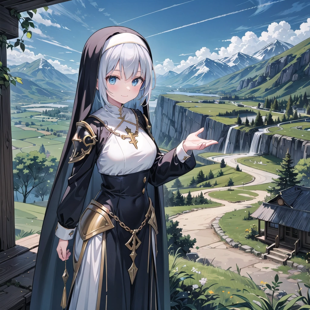 An anime armored warrior nun invites you to explore a verdant epic fantasy landscape. The nun knight stands to one side, smiling and extending her hand to show the way towards green plains, forests, mountains, under a blue sky with fluffy white clouds. anime, beautiful, perfect, armor, detailed, high quality, colorful, intense eyes